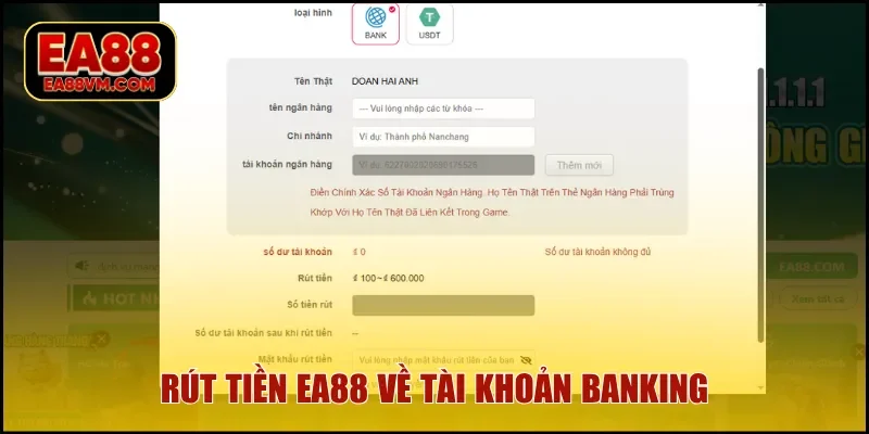 Rút tiền EA88 về tài khoản banking
